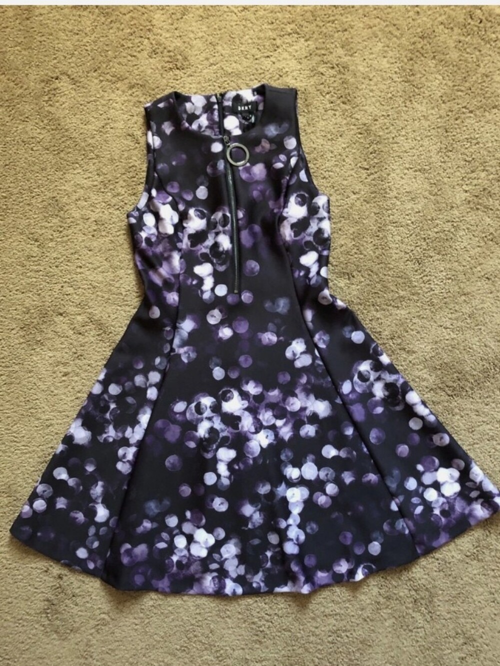 DKNY $119 Purple Confetti Dit Scuba Neoprene Feel Zip Flare Dress NWT Sz 10